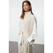 Trendyol Stone High Collar Slit Sweater