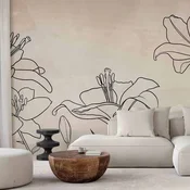 shumee Foto tapeta - Skica narave - minimalističen lineart z lilijskimi cvetovi na bež ozadju