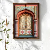 WallXpert uramljena MDF slika NAL046-70, oslikana vrata sa crvenim cvetovima u koralnom luku sa stubovima, 50 x 70 cm