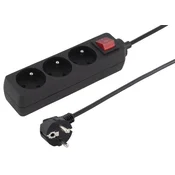 PremiumCord Podaljševalni kabel 230V 2m 3 vtičnice + stikalo, črn