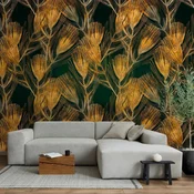 Foto tapeta - Golden peacock feathers - solid background with bird pattern on green background 490x350