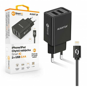 Aligator Pametni omrežni polnilec 2,4A, 2xUSB, pametni IC, črn, kabel USB za iPhone/iPad