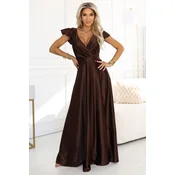 411-15 CRYSTAL satin long dress with a neckline - chocolate