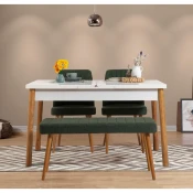 Hanah Home Set Trpezarijski sto, 2 trpezarijske stolice i klupa Santiago Bijela Atlantska, Zelena