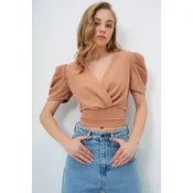 Trend Alacati Stili Ženska bluza kratkih rukava Alc-X13520, V-izrez, Bež