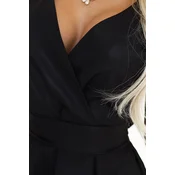 348-10 SCARLETT rozkloszowana sukienka z kopertowym décollettem i paskiem - CZARNA Z BROKATEM