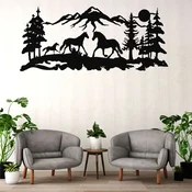 WallXpert metalni zidni ukras 5504, konji u planinskom pejzažu sa šumom, 60 x 26 cm, crni