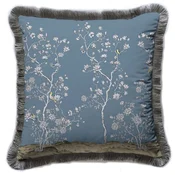 Casa Padrino luxury decorative pillow shrubs with flowers & birds blue/multicolored/gray 45 x 45 cm - Printed velvet cushion with fringes - Luxury decorative accessories