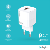 Kucni punjac Pluginn PI-D73, QC3.0 PD3.0, PPS, USB-PD 18W+20W, 38W (total) sa PD iPhone lightning kablom beli