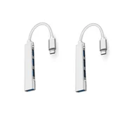 INF Komplet 2 kosov multiportnega USB-C razdelilnika — Type-C na 4x USB 3.0, aluminijeva zlitina + TPE, prenosni 4-portni USB 3.0 razdelilnik Srebrna, (5000282768)