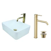 shumee GTM Design Aufsatzwaschbecken 41 cm Glanz Set mit Waschtischbatterie und Stopfen - Aufsatzwaschbecken Rechteckiges für Badezimmer - Modern Waschbecken ohne Hahnloch - Waschbecken mit Armature