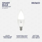 DELTACO SMART HOME LED Žarulja E14, WiFi, 5W, 470lm, Podesiva Boja