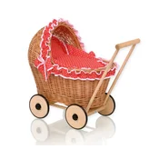 MY SWEET BABY Pleten voziček za punčke z rdečo posteljnino in mehko podlogo CHIARA - naravna barva