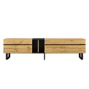 SONNENH TV omarica, lesni dekor in črna, 180 x 38 x 45 cm, levi preklopni predel, sredinska odprta polica, 2 desni vrati in črno kovinsko podnožje