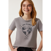 Happiness Istanbul Womens Gray Printed Knitted T-Shirt