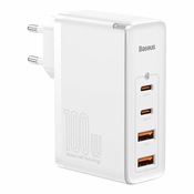 Zidni adapter za punjenje Baseus GaN2 Pro Quick Travel Charger 100W s dva USB-A i dva USB-C izlaza i ukljucenim USB-C kabelom - bijeli