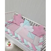 Bubamara037 Set za krevetac sa ogradicom od pletenica, sa lastišom, Roze-Beli