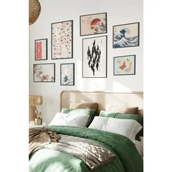 WallXpert set od 8 uramljenih slika Çgs-018, japanski motivi – Veliki talas, crveno sunce, trešnjin cvet, ždral i leptiri, crni ram
