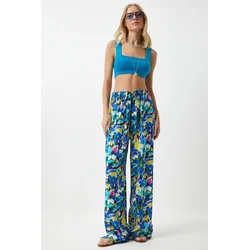 Happiness Istanbul Womens Yellow Blue Patterned Loose Viscose Palazzo Trousers