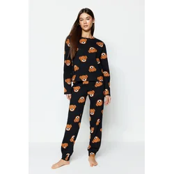 Trendyol Black 100% Cotton Teddy Bear Patterned T-shirt-Jogger Knitted Pajamas Set