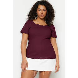 Trendyol Curve Plum Corduroy Pool Collar Knitting Plus Size Blouse