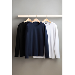 Trendyol Black-White-Navy Blue Regular/Normal Fit Long Sleeve 3-Pack Basic T-Shirt