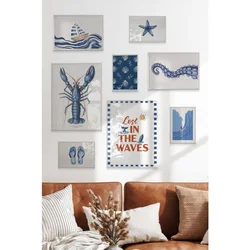 WallXpert set od 8 uramljenih slika Çgs-061, plavi morski motivi – jastog, morska zvezda, jedrenjak i surfer, beli ram