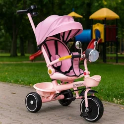 Eco Toys Tricikl za decu sa rotirajućim sedištem, gurajućim rukohvatom i tendom Pink