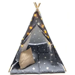 Kinder home Dečiji pamučni šator little stars, sivi sa zvezdama, 100% pamuk, sa mekom podlogom za punjenjem, jastukom i led svetlima ( JW