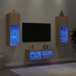 4-dijelni zidni TV ormarići s LED svjetlima boja hrasta sonome