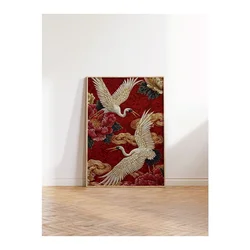 WallXpert uramljena slika 115248, beli ždralovi i crveni božuri na crvenoj pozadini, 50 x 70 cm, ram u boji prirodnog drveta