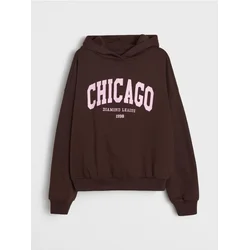 Sinsay - Pamučni hoodie sa printom Chicago - tamno braon