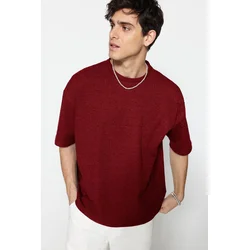 Trendyol Basic Claret Red Oversize/Wide Textured Cut Waffle Short Sleeve T-Shirt