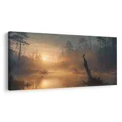 Slika tiha zora v gozdni megli - 60x30