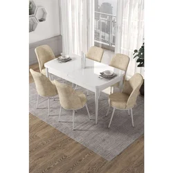 Hanah Home trpezarijski set Via, sto na razvlačenje i 6 stolica, bela ploča, krem tkanina Jerry
