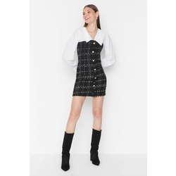 Trendyol Black A-Line Shirt Collar Tweed Mini Woven Dress