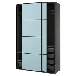 PAX / MEHAMN Garderober i klizna vrata, tamnosiva/dvostrano svetloplava, 150x66x236 cm