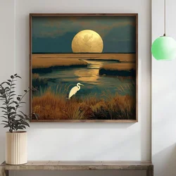 WallXpert uramljena MDF slika DOS037-33, bela čaplja u močvari pod zlatnim punim mesecom, 34 x 34 cm