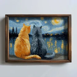 WallXpert uramljena MDF slika NAL170-70, dve mačke posmatraju zvezdanu noć nad rekom, 50 x 70 cm