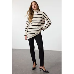 Trendyol Stone Striped Wide Pattern Long Length Knitted Sweater