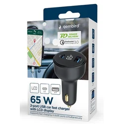 TA-UC-AC2PD65LCD-CAR-01 Gembird 2-port USB brzi punjac za auto, Type-C PD, LCD, 65W, black