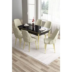 Hanah Home trpezarijski set Tia, sto i 6 stolica, ploča u dekoru crnog mermera, zlatne noge, krem tkanina Babyface