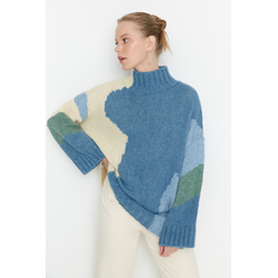 Trendyol Blue Soft Textured Color Block Knitwear Sweater