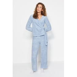 Trendyol Light Blue Double-Breasted Collar Wellsoft Shirt-Pants and Knitted Pajamas Set