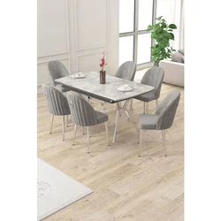 Hanah Home trpezarijski set Sim, sto na razvlačenje i 6 stolica, siva ploča Rampla, hromirane noge, siva tkanina Babyface