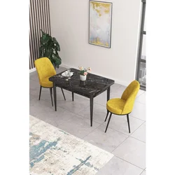Hanah Home trpezarijski set Nil, sto i 2 stolice, ploča u dekoru crnog mermera, senf žuta tkanina Babyface