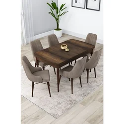 Hanah Home trpezarijski set Lia, sto na razvlačenje i 6 stolica, ploča u dekoru drveta Baroque, kapućino tkanina Babyface