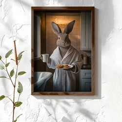 WallXpert uramljena MDF slika NAL122-70, zec u bademantilu sa šoljom i keksom u kupatilu, 50 x 70 cm