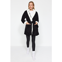 Trendyol Black Belted Pocket Slogan Embroidered Wellsoft Knitted Dressing Gown