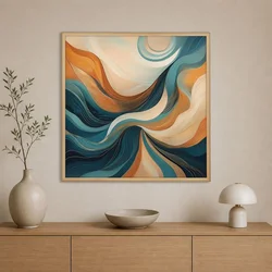 WallXpert uramljena slika na platnu Cc-K-Ah-1011, apstraktni talasi i sunce u petrolej, narandžastoj i krem boji, 80 x 80 cm